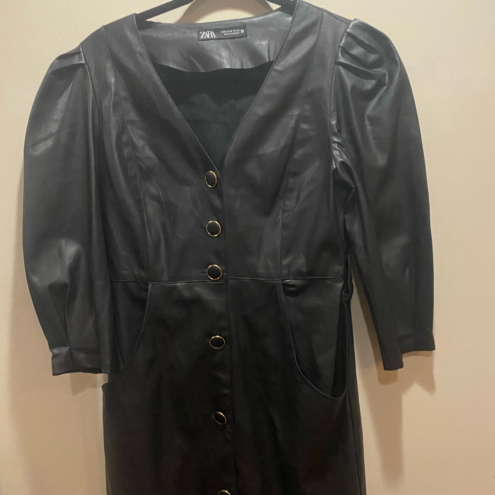 Zara Black Leather Jacket with Puff Sleeves